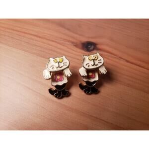 80's Vintage Enamel Cat Earrings Signed AIM Moveable Two Parts